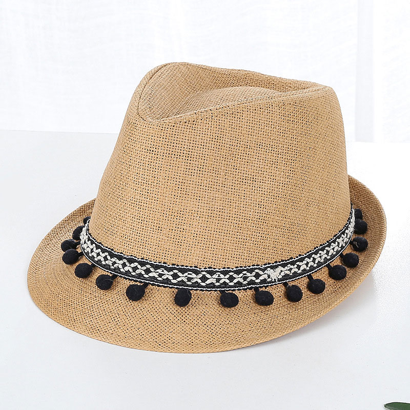 น่ารัก Pom Pom Trim หมวก Trilby Straw บุรุษ